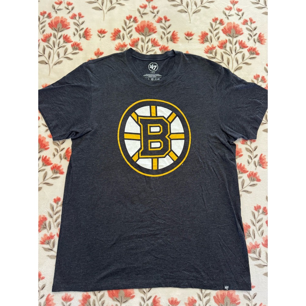 47 Brand Boston Bruins NHL Graphic Tee Mens Large Charcoal Grey Spoked B Logo